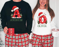 Personalized Christmas Initial Sweatshirt, Custom Name Santa Hat Tee, Matching Holiday Shirt, Festive Family Outfit, Family Christmas Gift