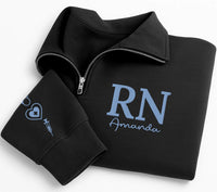 Personalized RN Embroidered Quarter Zip Sweatshirt, Custom Name Nurse Pullover, Nurse Work Sweater, Hospital Shift Layer, New Nurse Gift