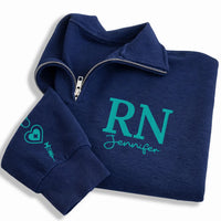 Personalized RN Embroidered Quarter Zip Sweatshirt, Custom Name Nurse Pullover, Nurse Work Sweater, Hospital Shift Layer, New Nurse Gift