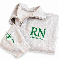 Personalized RN Embroidered Quarter Zip Sweatshirt, Custom Name Nurse Pullover, Nurse Work Sweater, Hospital Shift Layer, New Nurse Gift