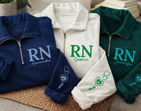 Personalized RN Embroidered Quarter Zip Sweatshirt, Custom Name Nurse Pullover, Nurse Work Sweater, Hospital Shift Layer, New Nurse Gift