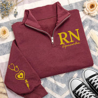 Personalized RN Embroidered Quarter Zip Sweatshirt, Custom Name Nurse Pullover, Nurse Work Sweater, Hospital Shift Layer, New Nurse Gift
