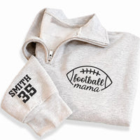 Personalized Football Mom Embroidered Quarter Zip Sweatshirt, Custom Name Number Sleeve, Mama Cozy Pullover, Team Spirit Top, Gift for Mom