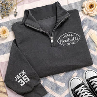 Personalized Football Mom Embroidered Quarter Zip Sweatshirt, Custom Name Number Sleeve, Mama Cozy Pullover, Team Spirit Top, Gift for Mom
