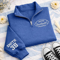 Personalized Football Mom Embroidered Quarter Zip Sweatshirt, Custom Name Number Sleeve, Mama Cozy Pullover, Team Spirit Top, Gift for Mom