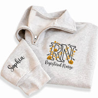 Personalized Nurse Embroidered Quarter Zip Sweatshirt, Custom RN Halloween Pullover, Scrub Layering Top, Off Duty Nurse, Halloween Gift
