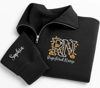 Personalized Nurse Embroidered Quarter Zip Sweatshirt, Custom RN Halloween Pullover, Scrub Layering Top, Off Duty Nurse, Halloween Gift