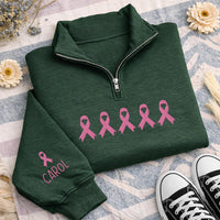 Pink Ribbon Embroidered Quarter Zip Sweatshirt, Custom Name Sleeve Pullover, Breast Cancer Awareness, Survivor Support, Gift for Her