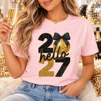 Hello 2027 New Year Shirt, Gold Black Disco Ball Tee, New Years Eve Party Top, NYE Outfit, 2027 Holiday Party Gift for Her