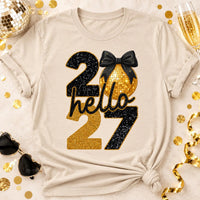 Hello 2027 New Year Shirt, Gold Black Disco Ball Tee, New Years Eve Party Top, NYE Outfit, 2027 Holiday Party Gift for Her
