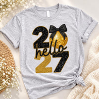 Hello 2027 New Year Shirt, Gold Black Disco Ball Tee, New Years Eve Party Top, NYE Outfit, 2027 Holiday Party Gift for Her