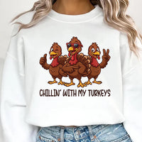 Chillin With My Turkeys Thanksgiving Sweatshirt, Funny Turkey Day Tee, Retro Holiday Tee, Turkey Day Dinner Outfit, Fall Harvest Party Gift