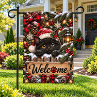 Black Cat Welcome Christmas Garden Flag, 12x18 Double Sided Yard Flag, Kitty Holiday Porch Decor, Cat Mom Christmas Gift, Holiday Gift
