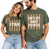 I Yam Sweet Potato Couples Shirt, Custom Thanksgiving His Hers Tee, Retro Stripe Couple Shirt, Turkey Day Dinner, Matching Couples Gift
