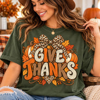 Give Thanks Shirt, Retro Thanksgiving Leopard Tee, Pumpkin Bow Graphic T-Shirt, Cute Cozy Fall Autumn Outfit, Thanksgiving Day Gift