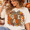 Give Thanks Shirt, Retro Thanksgiving Leopard Tee, Pumpkin Bow Graphic T-Shirt, Cute Cozy Fall Autumn Outfit, Thanksgiving Day Gift