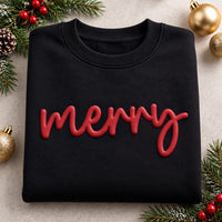Merry Puff Print Christmas Sweatshirt, Red 3D Christmas Hoodie, Raised Puff Lettering Shirt, Holiday Spirit Wear, Holiday Gift for Her