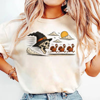 Vintage Skeleton Witch Hat Thanksgiving Shirt, Funny Skull Turkeys Tee, Retro Engraving Illustration, Spooky Fall Tee, Halloween Gift