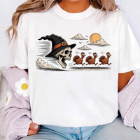 Vintage Skeleton Witch Hat Thanksgiving Shirt, Funny Skull Turkeys Tee, Retro Engraving Illustration, Spooky Fall Tee, Halloween Gift