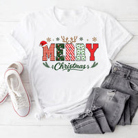 Merry Christmas Shirt, Patterned Letter Holiday Tee, Santa Hat Reindeer Sweatshirt, Festive Winter Family Outfit, Christmas Gift for Her