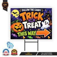 Candy Trick or Treat Halloween Yard Sign, Weatherproof Holiday Sign, Metal H-Stake Included, Trick or Treat Decor, Halloween Yard Sign