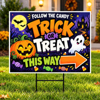 Candy Trick or Treat Halloween Yard Sign, Weatherproof Holiday Sign, Metal H-Stake Included, Trick or Treat Decor, Halloween Yard Sign