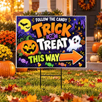 Candy Trick or Treat Halloween Yard Sign, Weatherproof Holiday Sign, Metal H-Stake Included, Trick or Treat Decor, Halloween Yard Sign