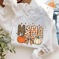 Personalized Fall Mama Patterned Sweatshirt, Custom Sleeve Name Crewneck, Pumpkin Bow Fall Shirt, Thanksgiving Outfit, Mama Birthday Gift