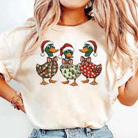 Christmas Santa Duck Trio Shirt, Plaid Tree Pattern Polka Dot Tee, Santa Hat Holiday Top, Holiday Party Outfit, Family Christmas Gift