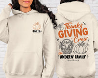Personalized Thanksgiving Crew Hoodie, Custom Pocket Name Fall Sweatshirt, Family Pullover, Harvest Crew Tee, Fall Family Gift, Front Back