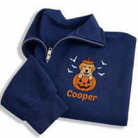 Personalized Pet Embroidered Quarter Zip Sweatshirt, Custom Dog Portrait Pullover, Halloween Party Layer, Pet Mom Outfit, Halloween Gift