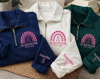 Breast Cancer Survivor Embroidered Quarter Zip Sweatshirt, Personalized Pink Ribbon Top, Custom Sleeve Name, Cancer Warrior Gift for Her