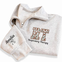 Personalized RT Embroidered Quarter Zip Sweatshirt, Custom Sleeve Name Pullover, Scrub Layering Top, Respiratory Therapist, New Nurse Gift
