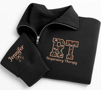 Personalized RT Embroidered Quarter Zip Sweatshirt, Custom Sleeve Name Pullover, Scrub Layering Top, Respiratory Therapist, New Nurse Gift