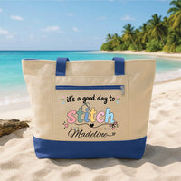 Personalized Sewing Tote Bag with Zipper, Custom Name Canvas Tote, Sewing Project Bag, Quilting Craft Organizer, Birthday Gift for Sewist