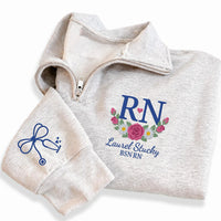 Personalized Nurse Embroidered Quarter Zip Sweatshirt, Custom RN Name Pullover, Floral Nursing Sweater, Hospital Shift Top, Gift for RN