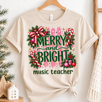 Custom Music Teacher Christmas Shirt, Personalized Merry and Bright Tee, Festive Teacher Holiday Top, Christmas Gift, Music Teacher Gift