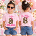 Personalized 8th Birthday Girl Shirt, Custom Name Age 8 Tee, Leopard Bow Birthday Girl Top, Eighth Birthday Outfit, Front Back
