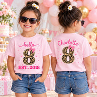 Personalized 8th Birthday Girl Shirt, Custom Name Age 8 Tee, Leopard Bow Birthday Girl Top, Eighth Birthday Outfit, Front Back
