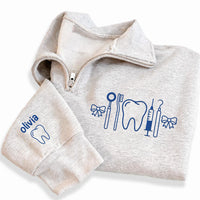 Personalized Dental Embroidered Quarter Zip Sweatshirt, Custom Name Pullover, Clinic Work Top, Tooth Care Layer, Gift for Hygienist