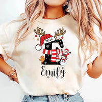 Personalized Reindeer Antlers Monogram Tee, Custom Christmas Name Shirt, Santa Hat Snowman Design, Family Outfit, Est 2026 Christmas Gift