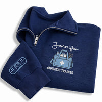 Athletic Trainer Embroidered Quarter Zip Sweatshirt, Custom Name Pullover, Medical Kit Stitch, Sports Medicine Staff, Gift for Trainers