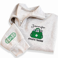 Athletic Trainer Embroidered Quarter Zip Sweatshirt, Custom Name Pullover, Medical Kit Stitch, Sports Medicine Staff, Gift for Trainers