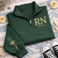Personalized RN Embroidered Quarter Zip Sweatshirt, Custom Name Nurse Pullover, Nurse Work Sweater, Hospital Shift Layer, New Nurse Gift