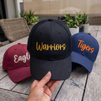 Personalized Team Name Embroidered Hat, Custom Mascot Script Lettering Cap, Team Baseball Cap, Game Day School Spirit Hat, Coach Gift