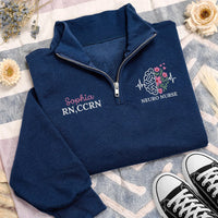 Personalized Neuro Nurse Embroidered Quarter Zip Sweatshirt, Custom Name RN Pullover, Brain Floral Top, Neuro Unit Layer, Gift for RN