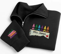 Personalized Teacher Embroidered Quarter Zip Sweatshirt, Custom Name Crayon Top, Crayon Art Pullover, Classroom Layer, Teacher Gift