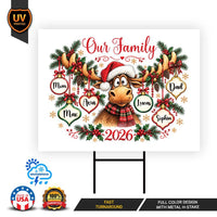 Personalized Family Christmas Yard Sign, Custom Names Moose Santa Hat Ornaments, Weatherproof Coroplast Sign, Outdoor Holiday Yard Decor