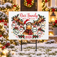 Personalized Family Christmas Yard Sign, Custom Names Moose Santa Hat Ornaments, Weatherproof Coroplast Sign, Outdoor Holiday Yard Decor