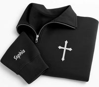 Personalized Christian Embroidered Quarter Zip Sweatshirt, Custom Cross Pullover, Faith Based Gift, Church Outfit, Christian Gift for Her